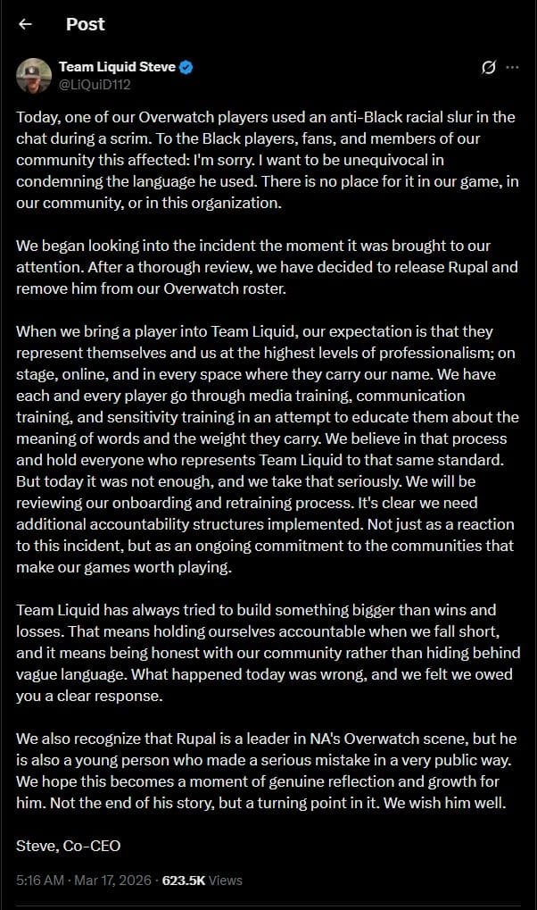 Team Liquid Co-CEO tweet on the incident