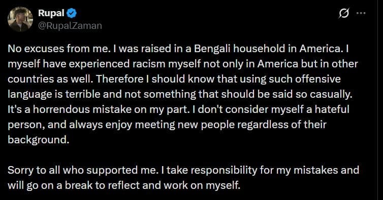 Rupal's apology tweet